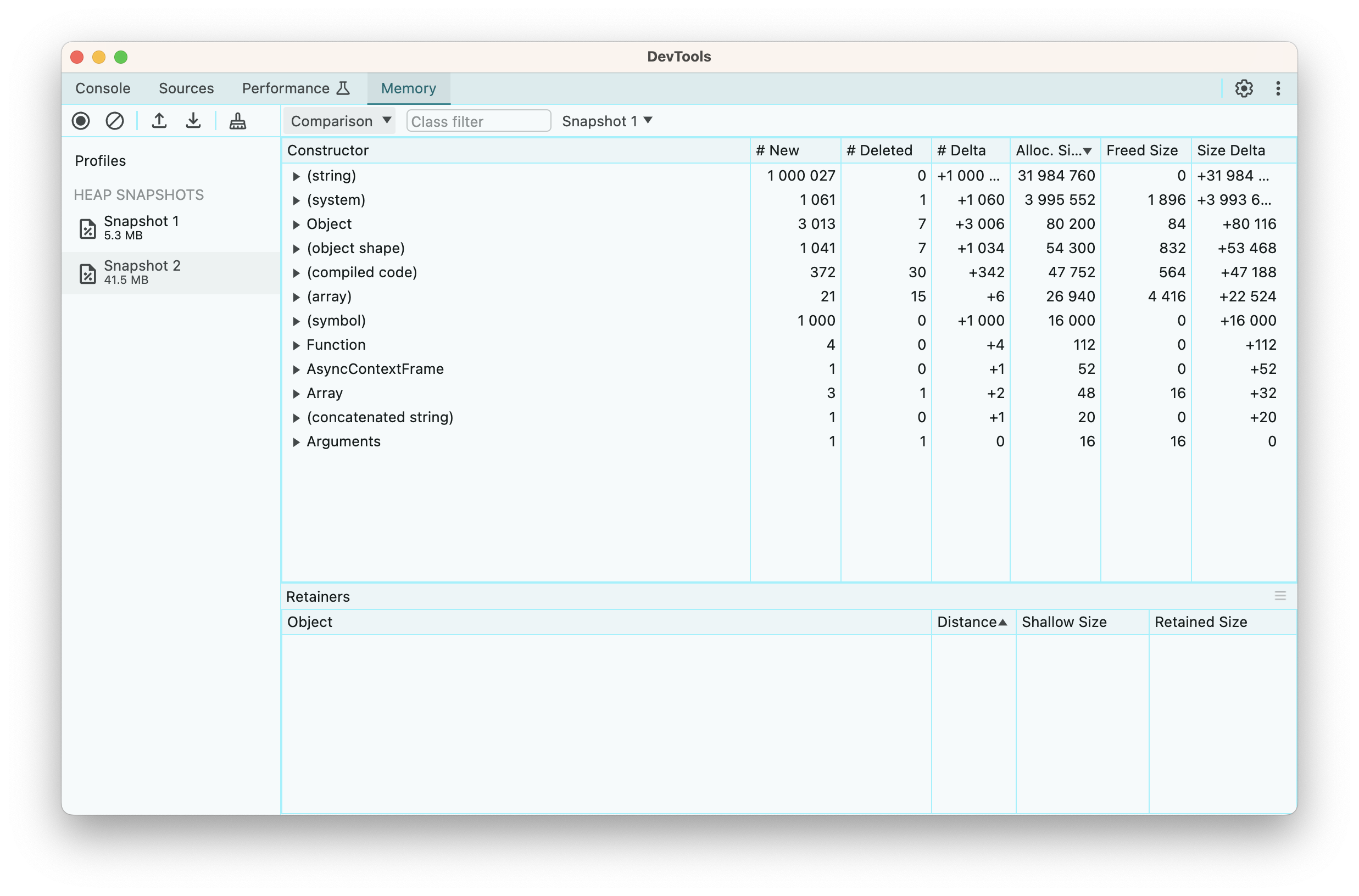 Chrome DevTools debugger comparison of heap snapshots after 0 iterations and 1000 iterations