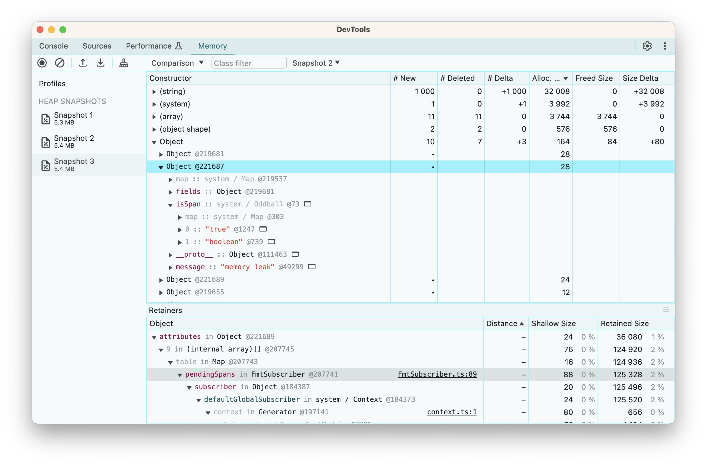 Chrome DevTools debugger comparison of heap snapshots 2 and 3